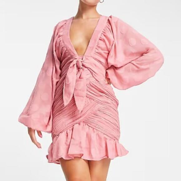 ASOS Design Curve Pink Long Sleeve Ruffle Tie Front Ruched Mini Dress 12 - Picture 1 of 8